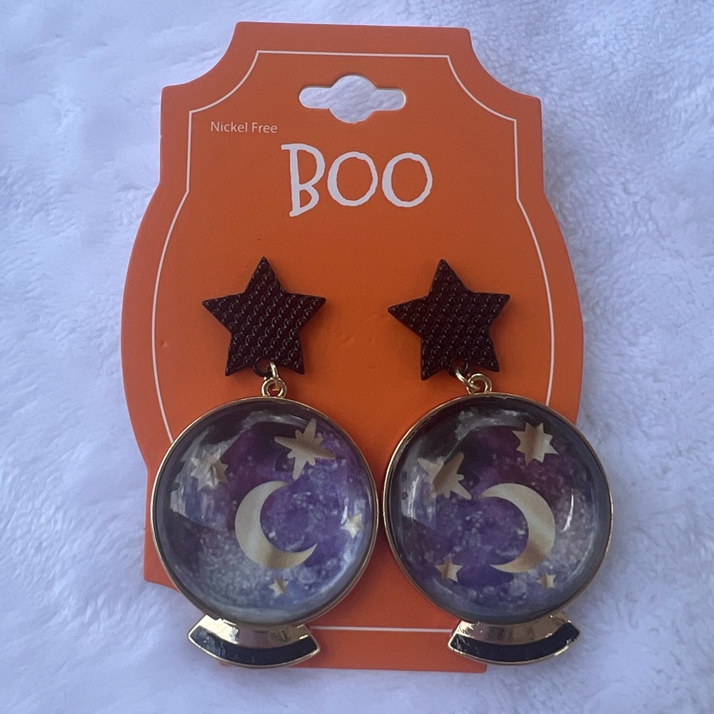 Crystal Ball Halloween Dangle Earrings NWT star moon fortune teller witch